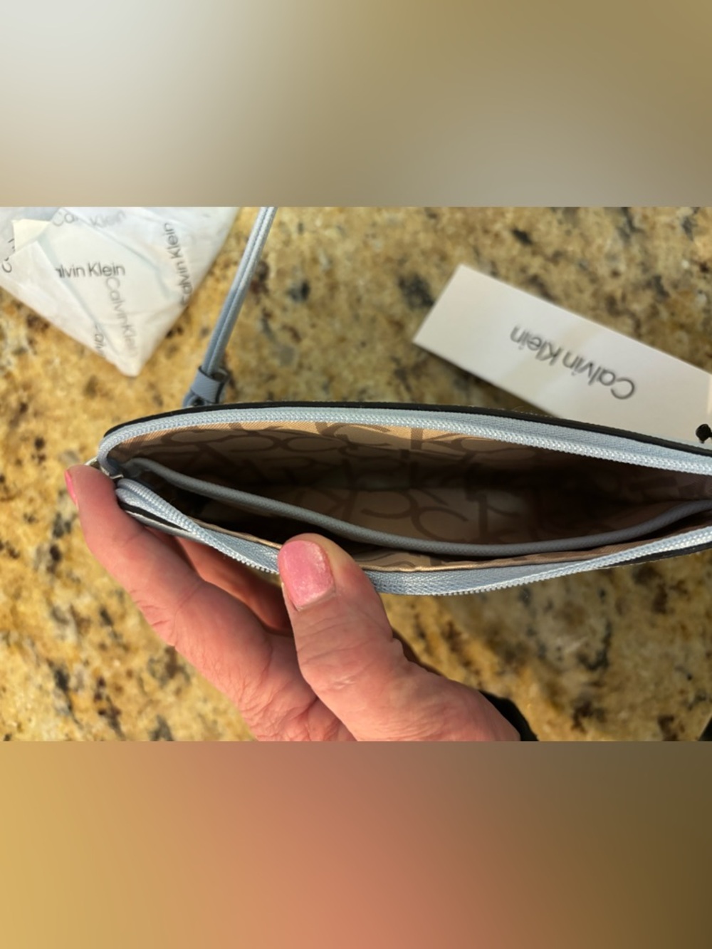 Calvin Klein Brown Monogram Wristlet with Light Blue Trim - Picture 2 of 3